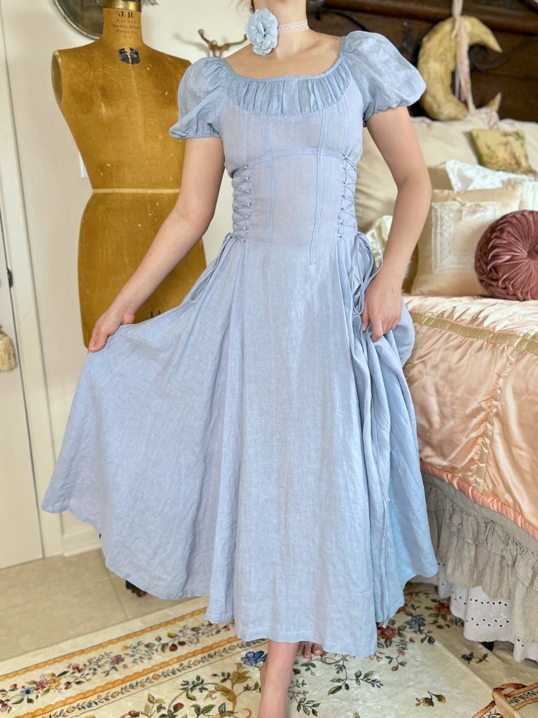 Linennaive Blue Linen Corset Milkmaid Dress, Ylang 18 Cinderella, Puff Sleeves — image 3 of 8